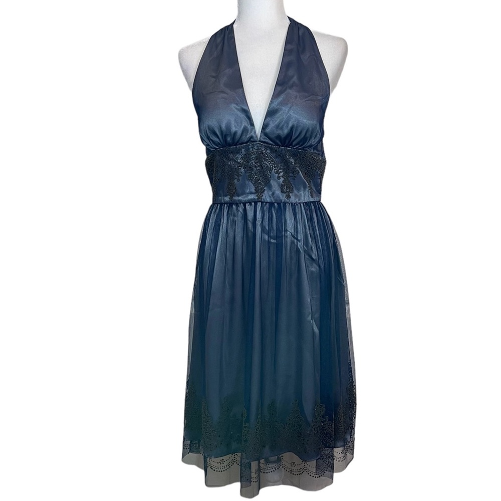 Adrianna Papell Boutique Blue Beaded Halter Cocktail Dress